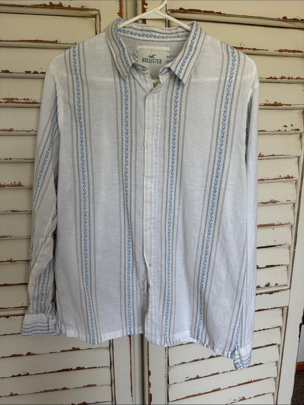 Hollister White Shirt with Light Blue and Tan Stripe Detailing